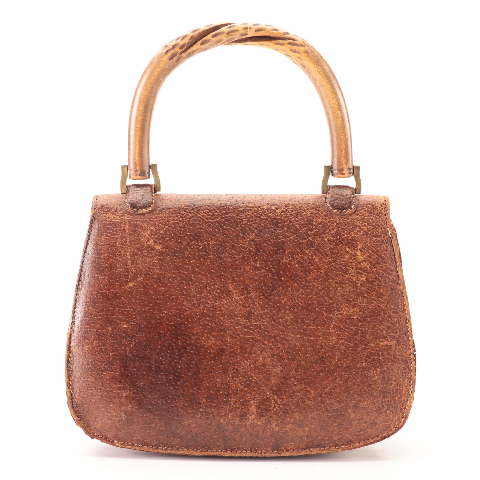 Gucci Bag in Cinghiale Leather with Carved Wood Top-Handle and Closure, Vintage