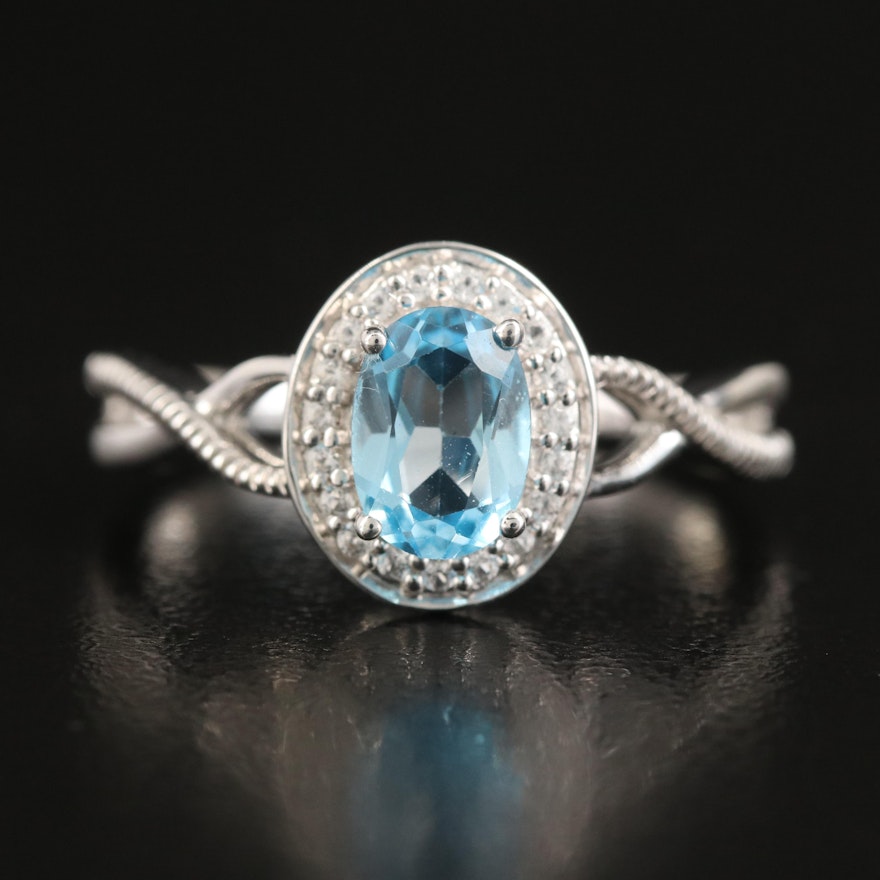 Sterling Swiss Blue Topaz and Sapphire Halo Ring