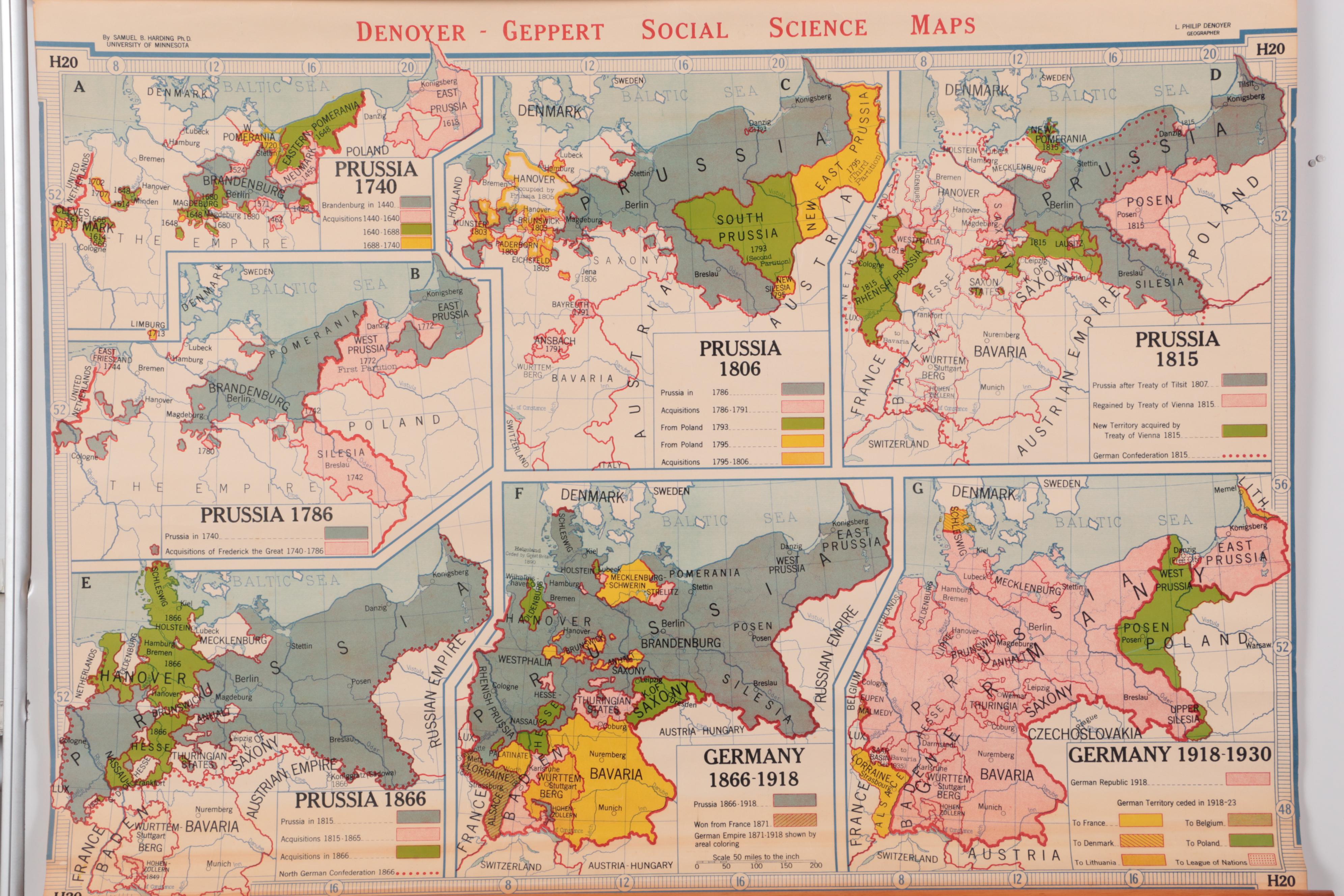 Denoyer-Geppert School Map of Prussian Evolution to Germany, Mid-20th Century