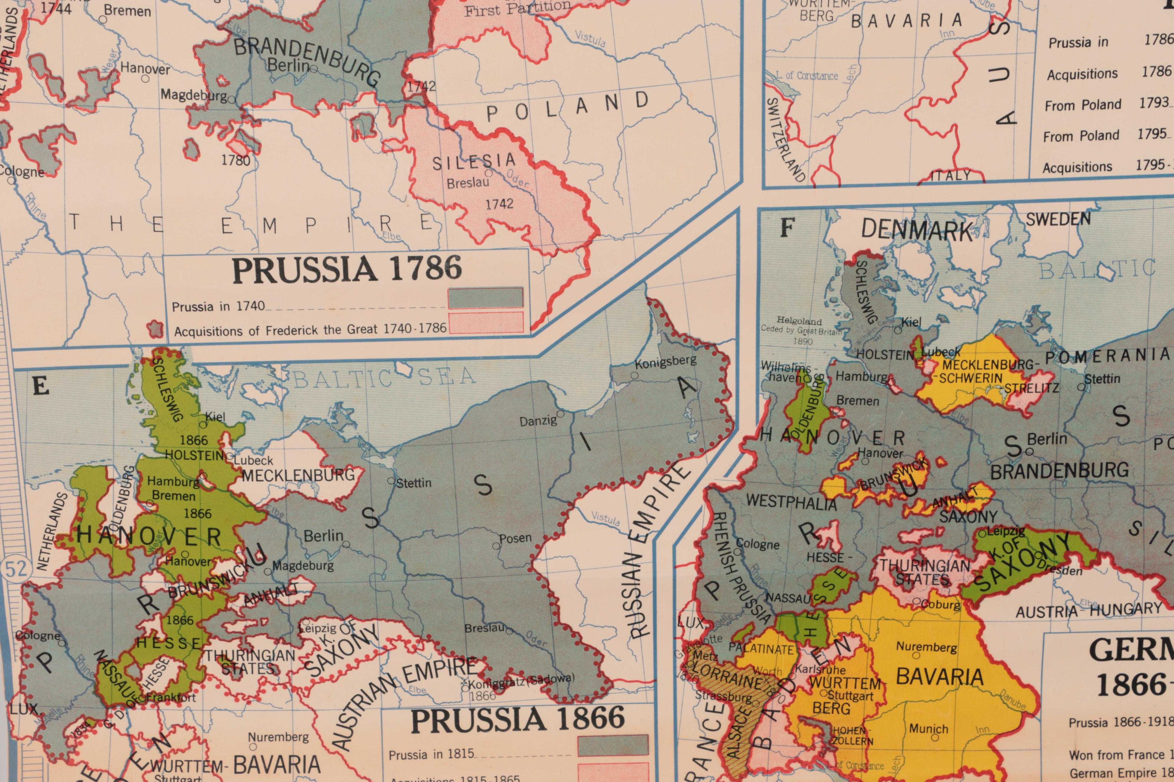 Denoyer-Geppert School Map of Prussian Evolution to Germany, Mid-20th Century