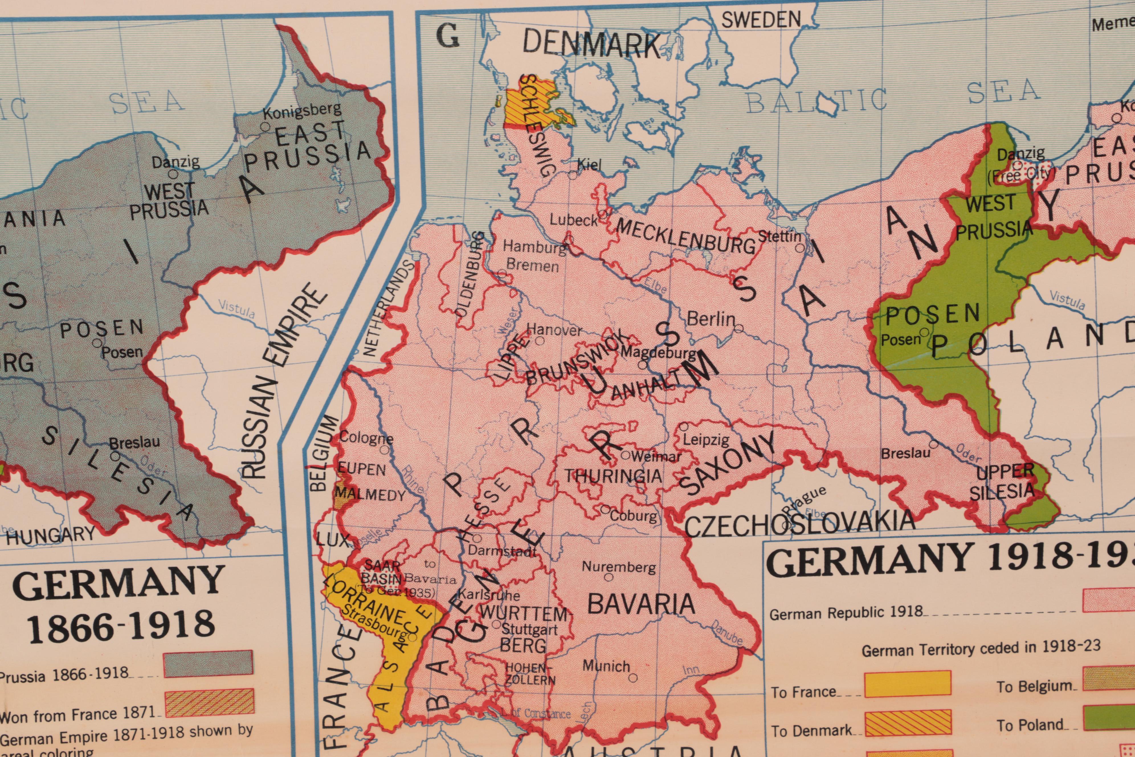 Denoyer-Geppert School Map of Prussian Evolution to Germany, Mid-20th Century