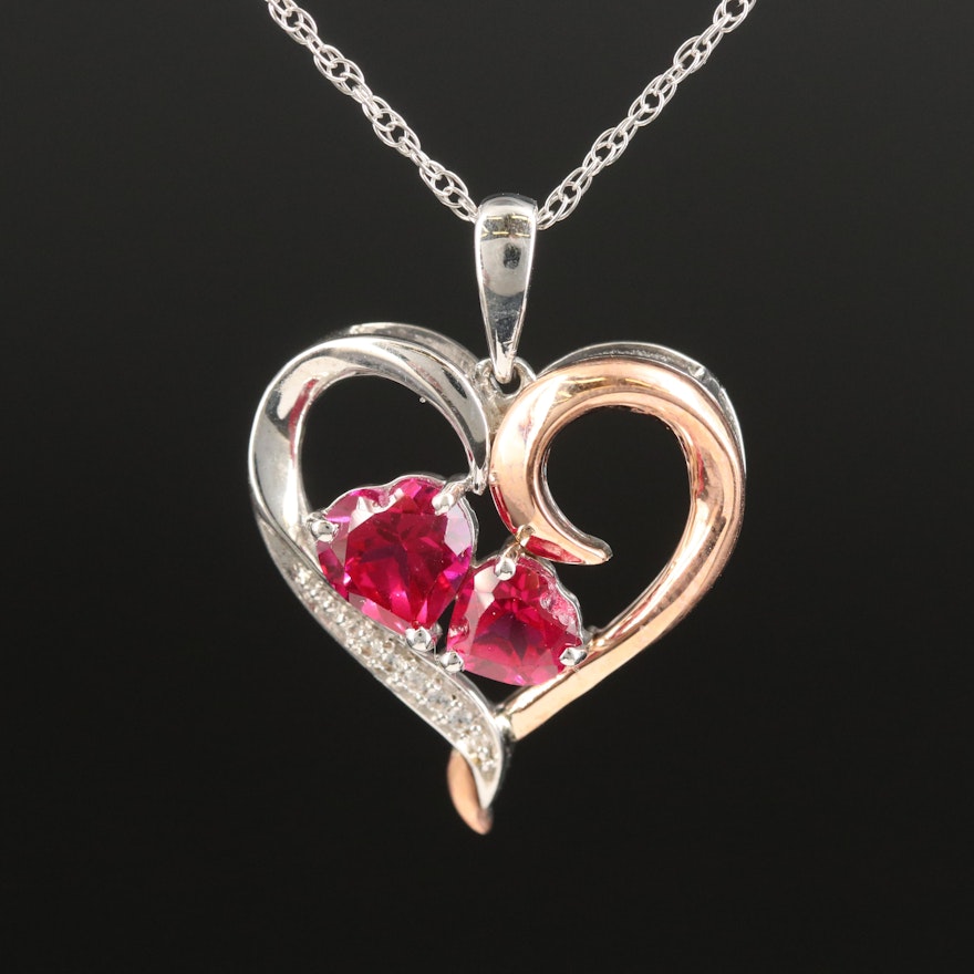 Sterling Ruby and Zircon Heart Pendant Necklace with 10K Rose Gold Accent