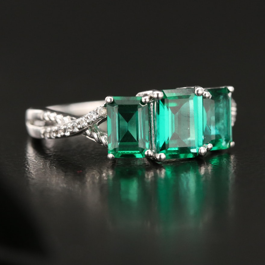 Sterling Emerald and Cubic Zirconia Ring with Twist Shoulders