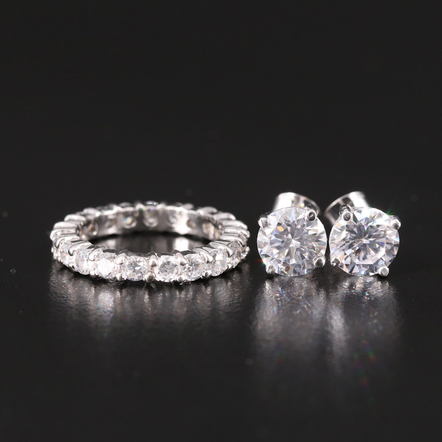 Sterling Cubic Zirconia Stud Earrings and Eternity Band