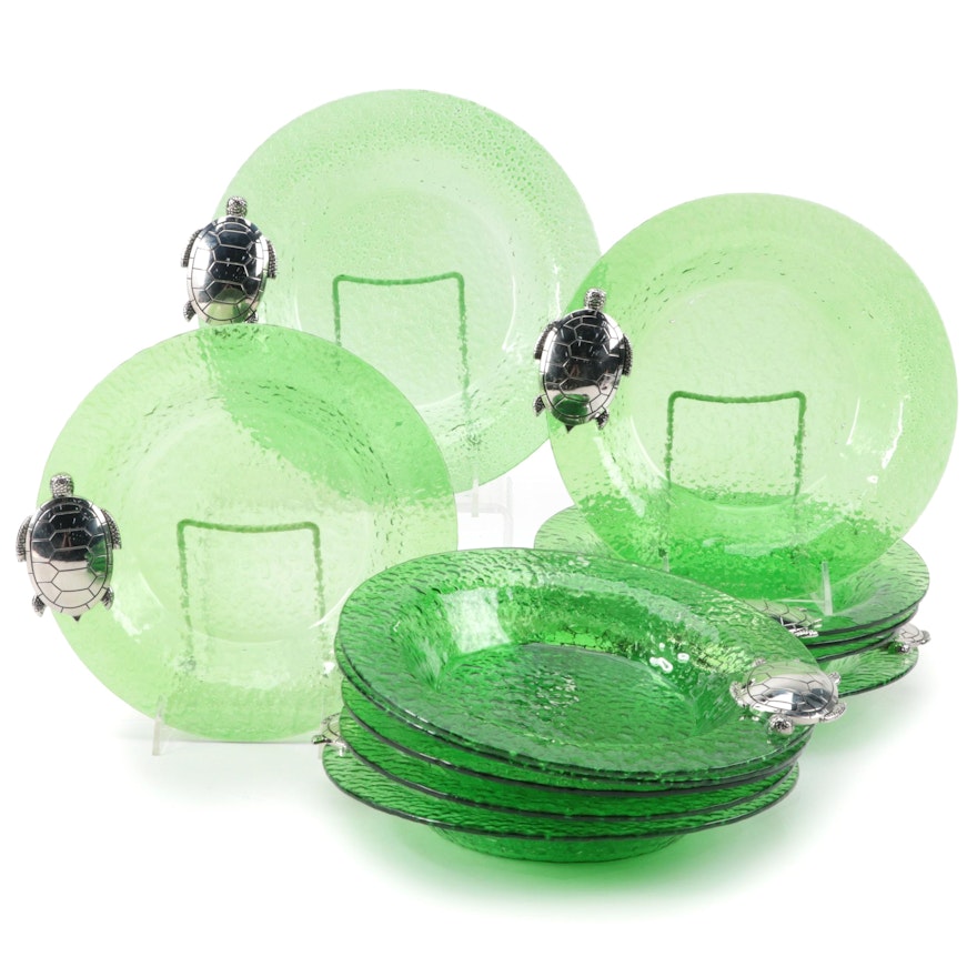 Green Glass Bowls with Metal Sea Turtle Accents