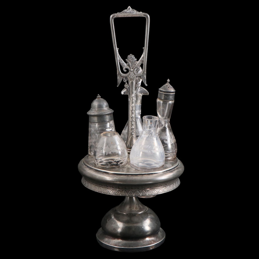 Victorian Silver Plate Condiment Caddy with Etched Glass Cruets, Late 19th C.