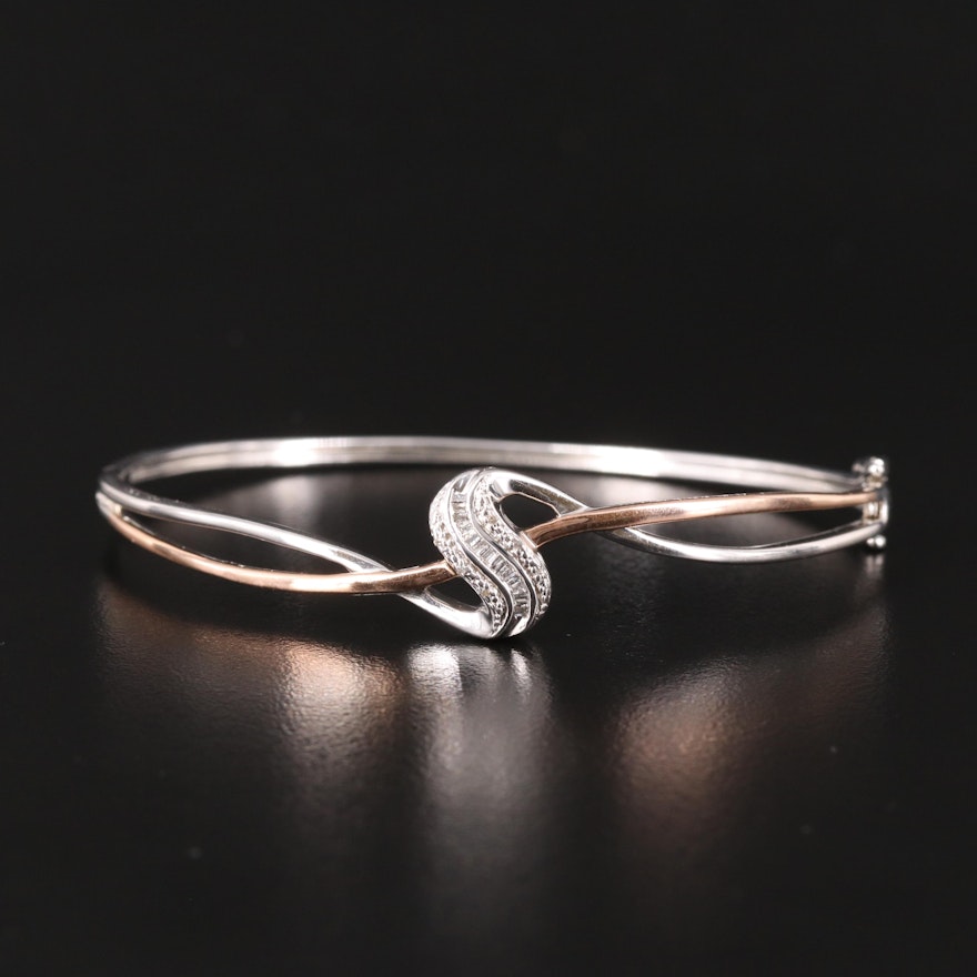 Sterling and Diamond Hinged Bangle with 10K Rose Gold Accent