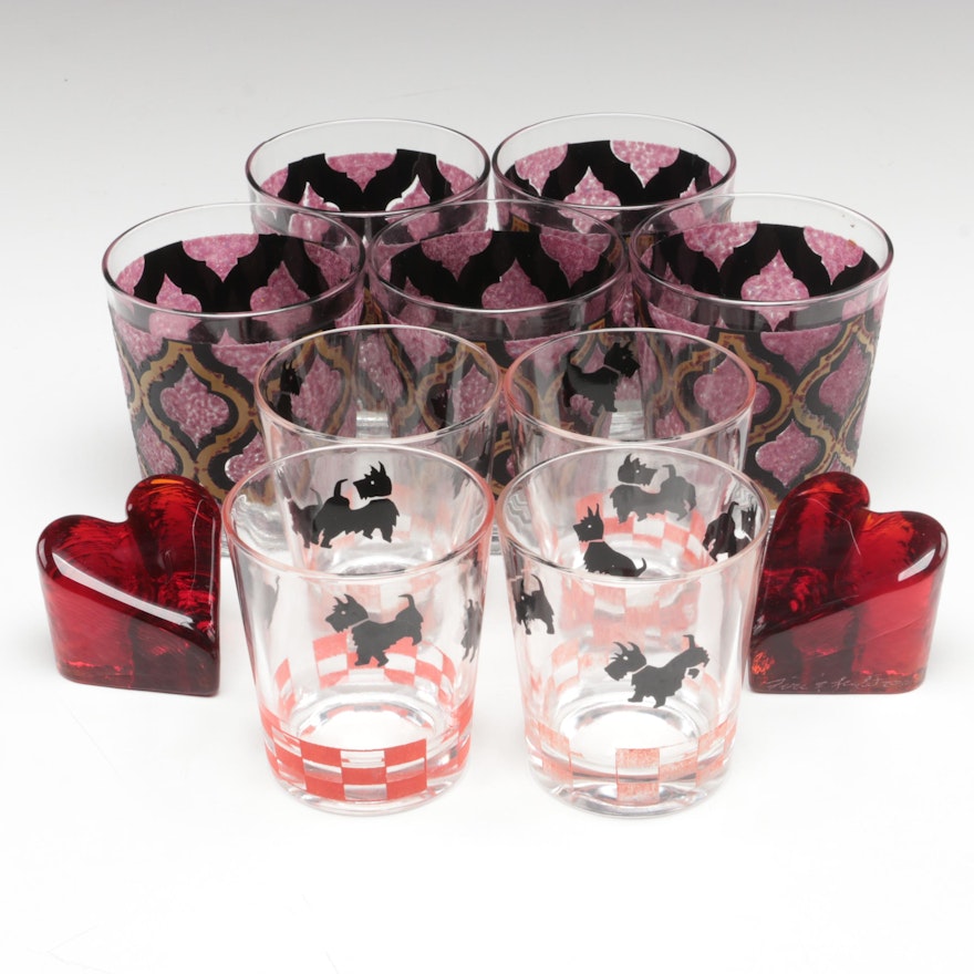 Scottish Terrier Glasses with Other Rocks Glasses and Art Glass Paperweights