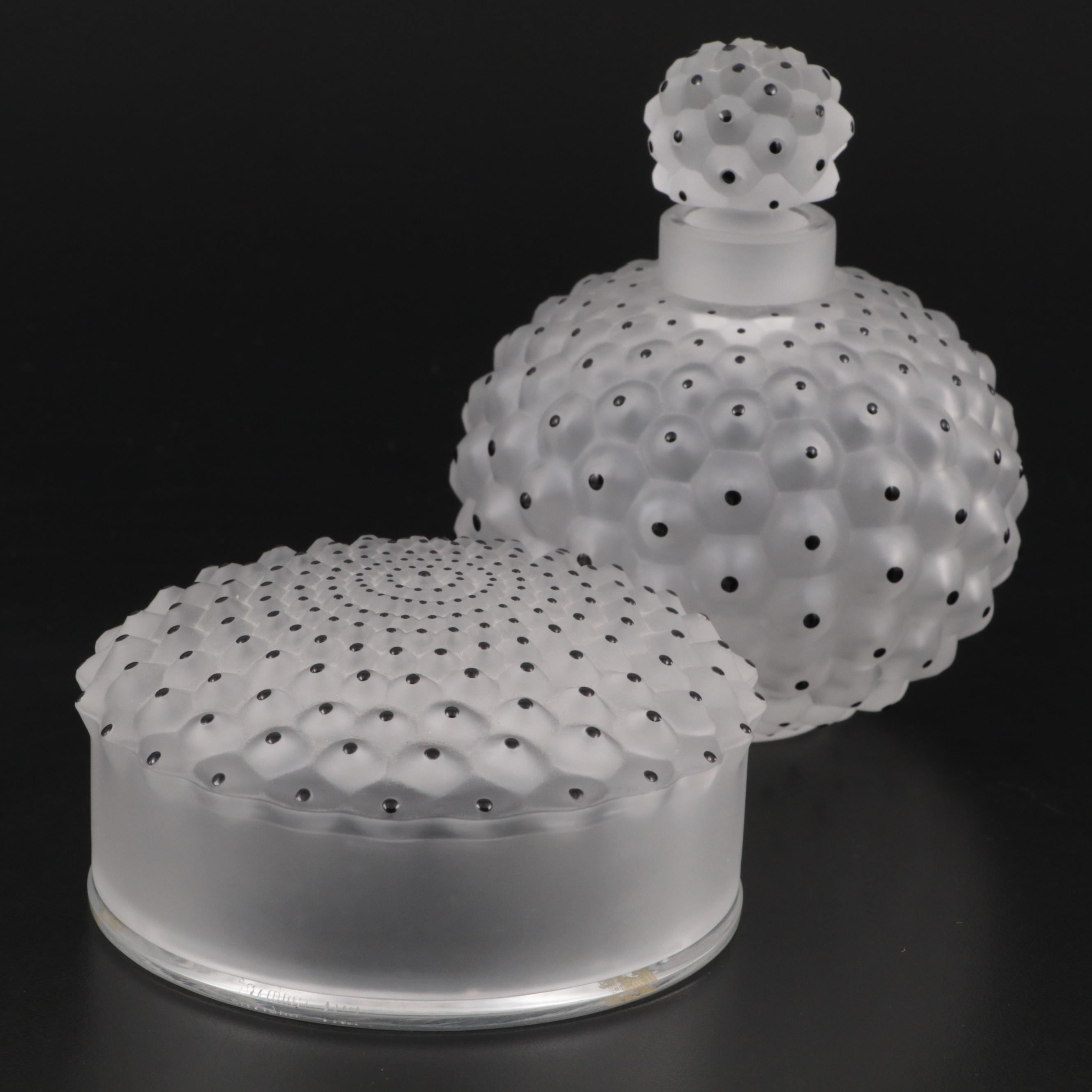 Lalique "Cactus" Frosted Crystal Perfume Bottle and Powder Box