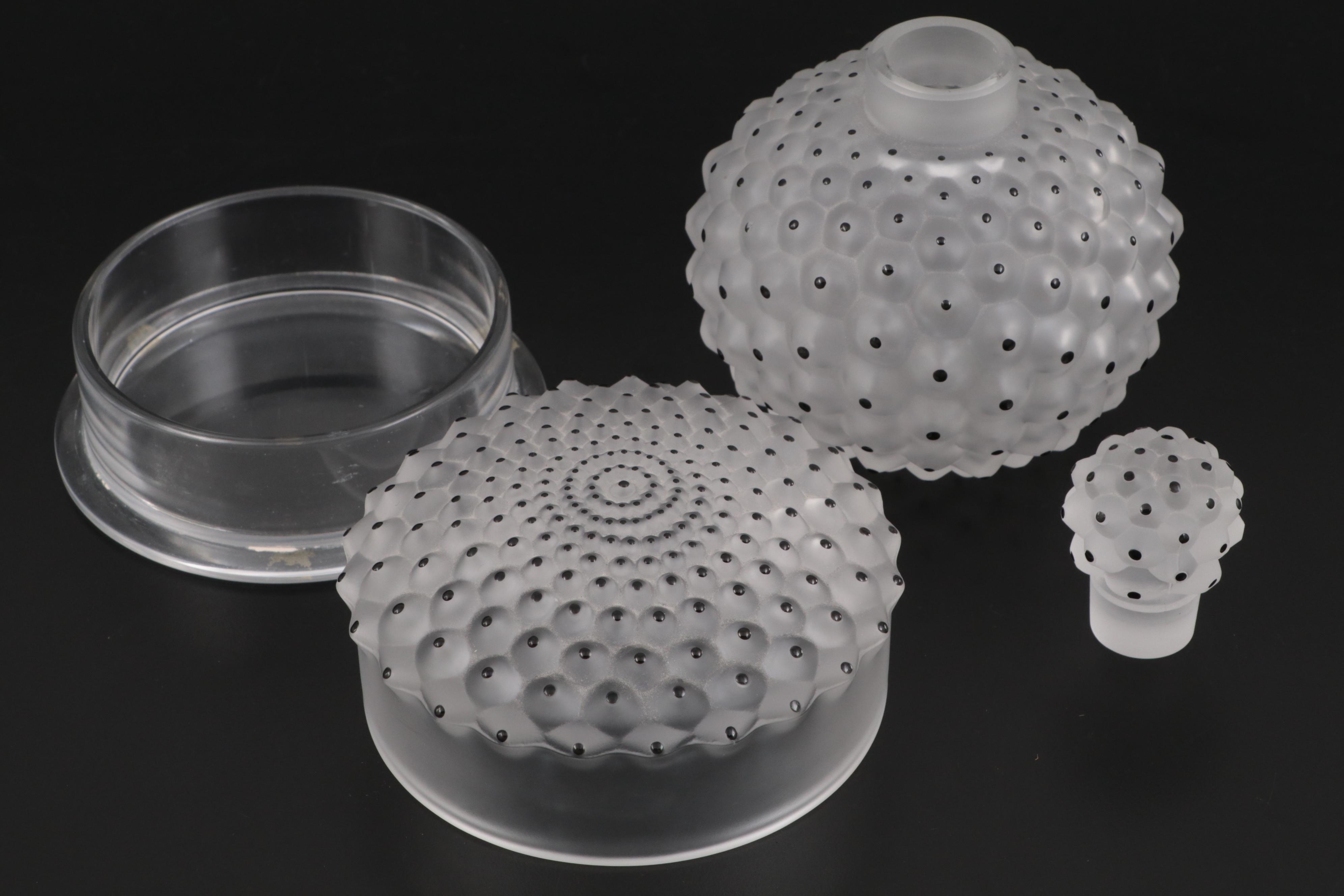 Lalique "Cactus" Frosted Crystal Perfume Bottle and Powder Box