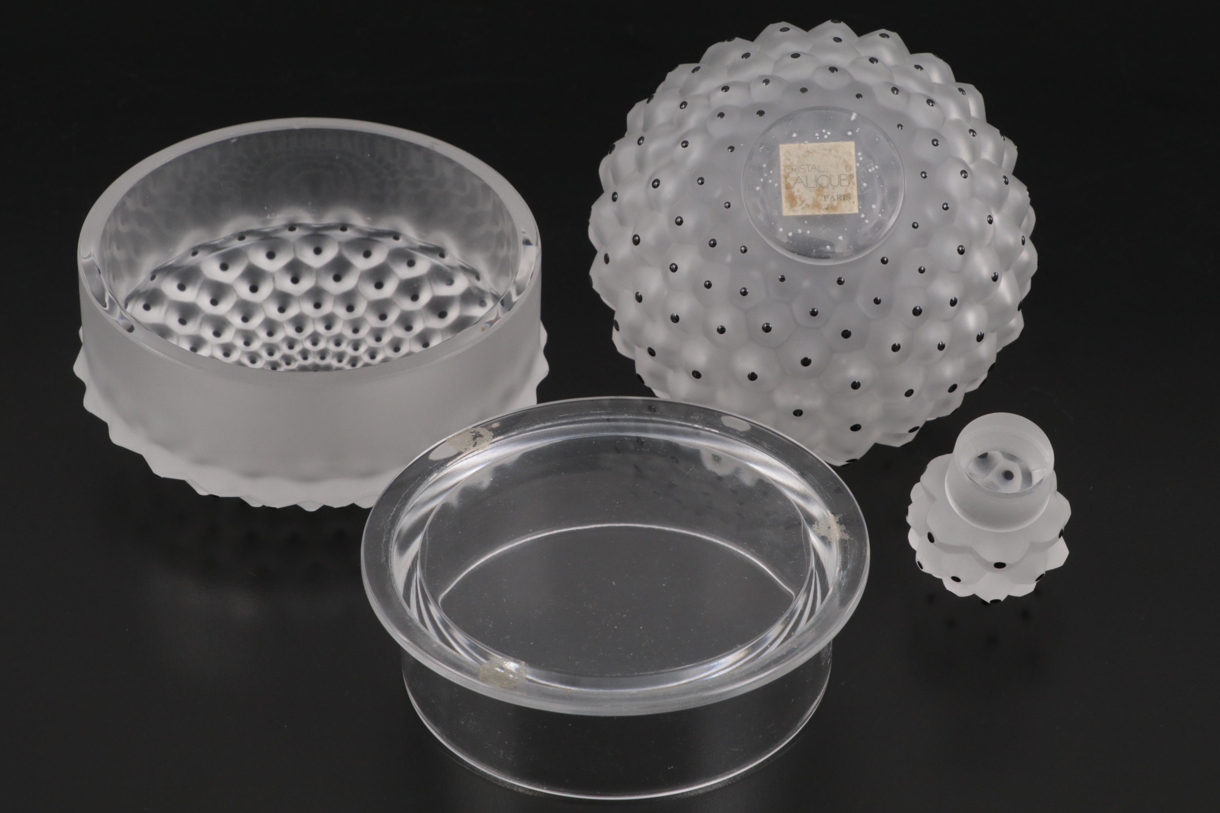 Lalique "Cactus" Frosted Crystal Perfume Bottle and Powder Box