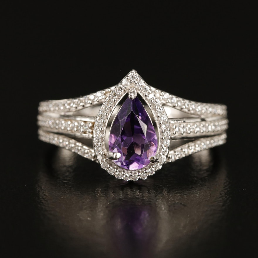 Sterling Amethyst and Cubic Zirconia Teardrop Ring