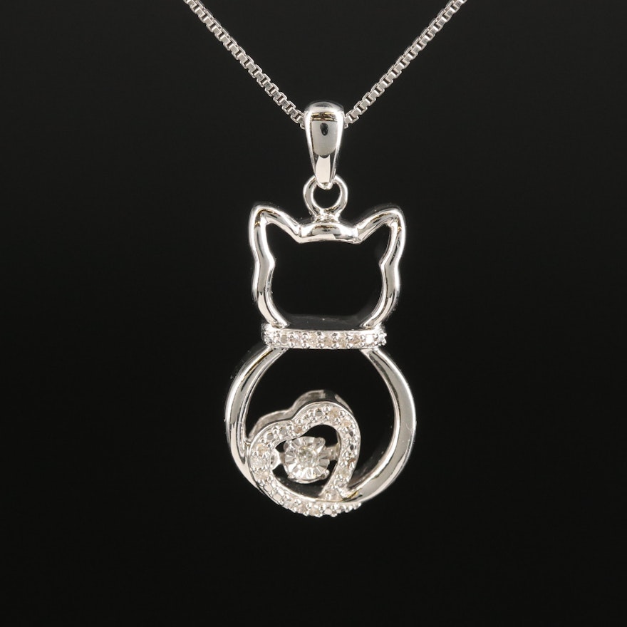 Sterling Diamond Cat and Heart Pendant with Trembler Accent