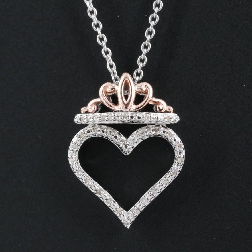 Sterling Diamond Heart Pendant Necklace with 10K Rose Gold Crown Accent