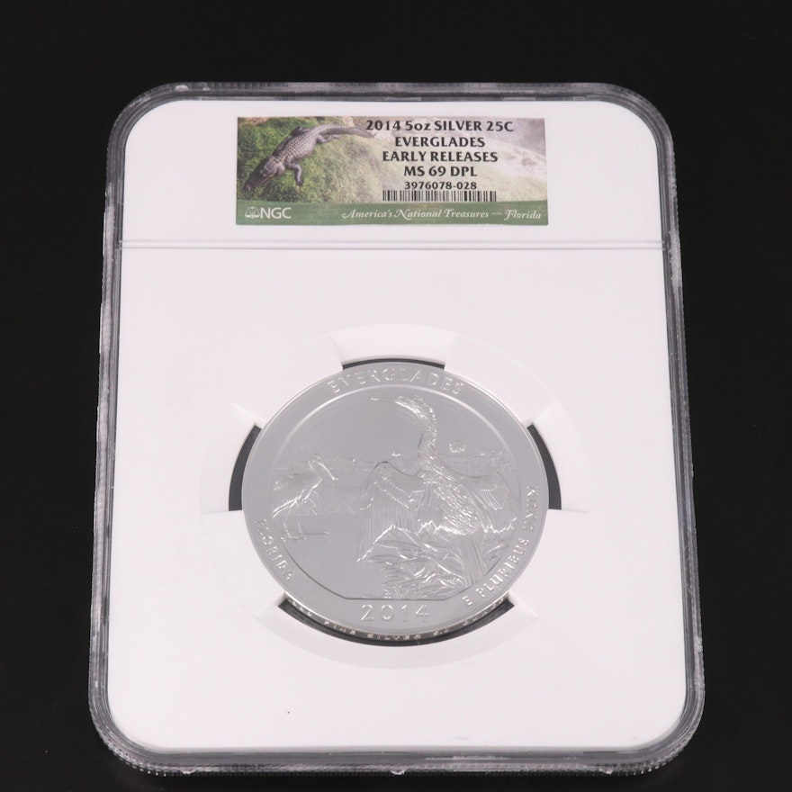 NGC Graded MS69DPL 2014 5-Oz. Fine Silver Everglades Quarter