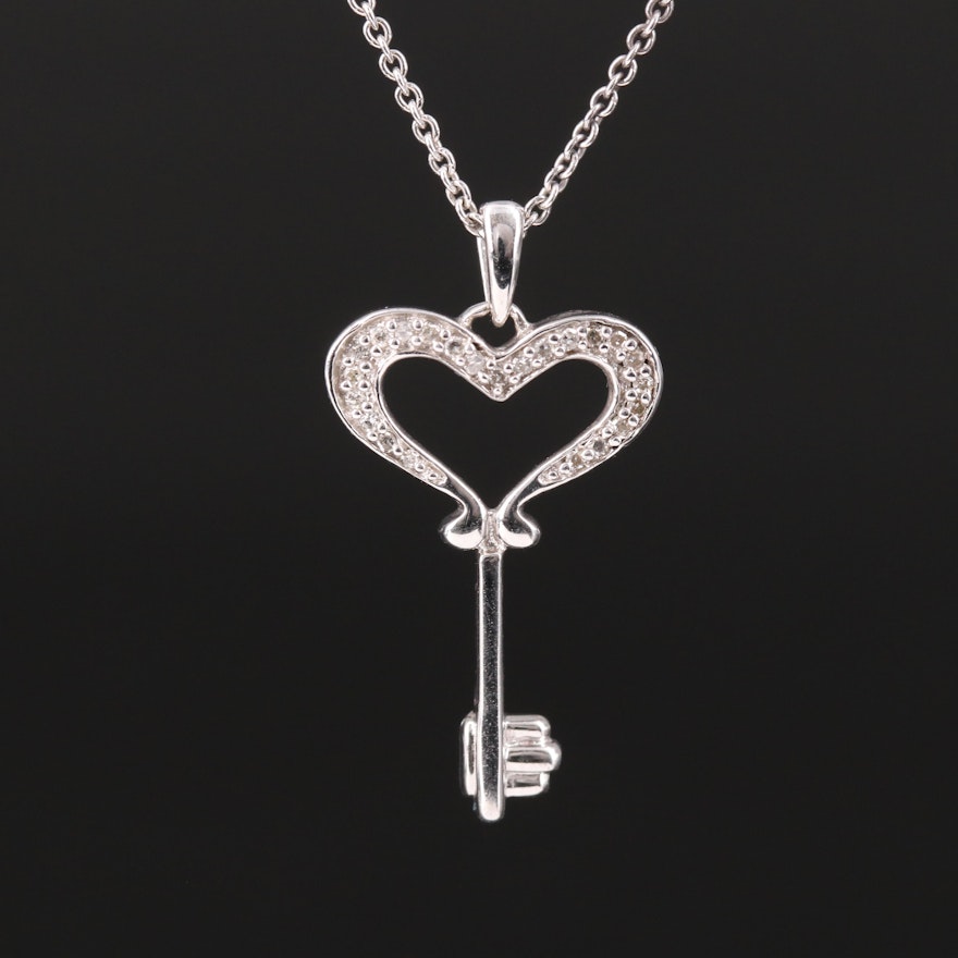 Sterling Diamond Key to My Heart Pendant Necklace