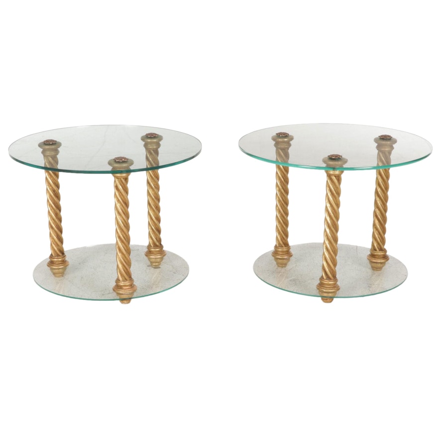 Pair of Carved Giltwood Columns and Round Glass End Table