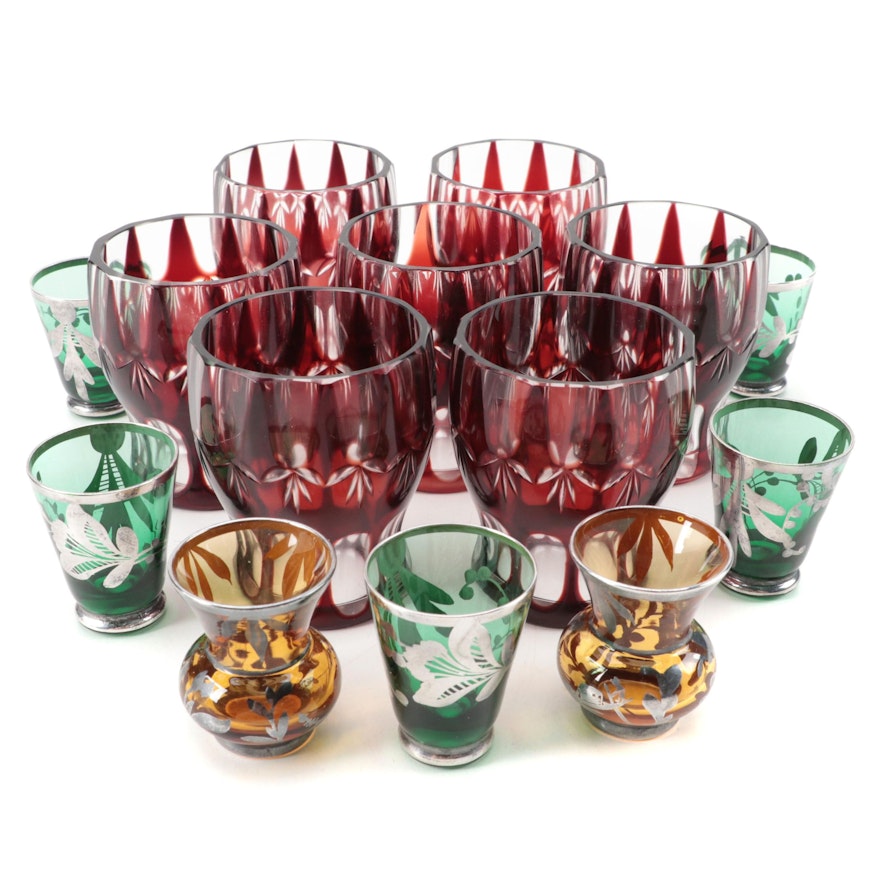 Bohemian Style Ruby Cut to Clear Rocks and Silver Overlay Liqueur Glasses