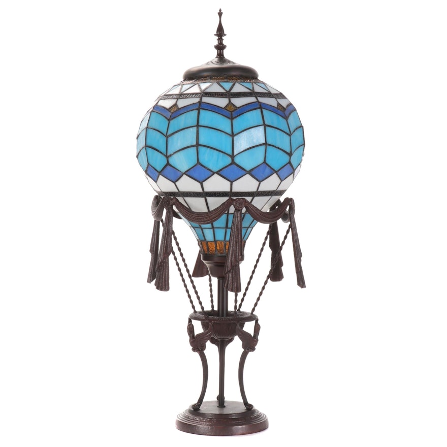 Tiffany Factory Slag Glass Hot Air Balloon Figural Table Lamp, 2013