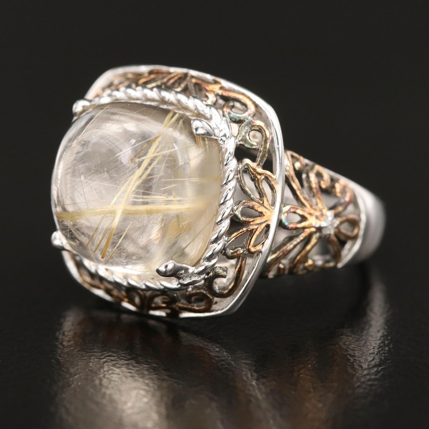 Sterling Rutilated Quartz and Diamond Ring