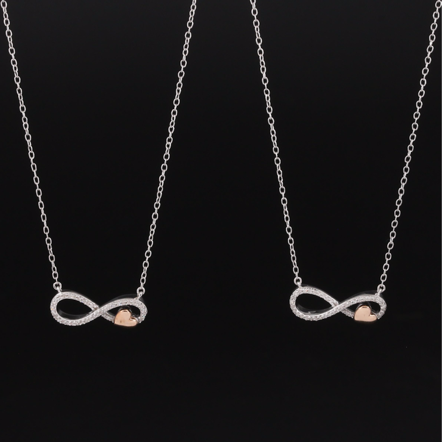 Sterling Diamond Infinity Pendant Necklaces with 14K Rose Gold Heart Accent