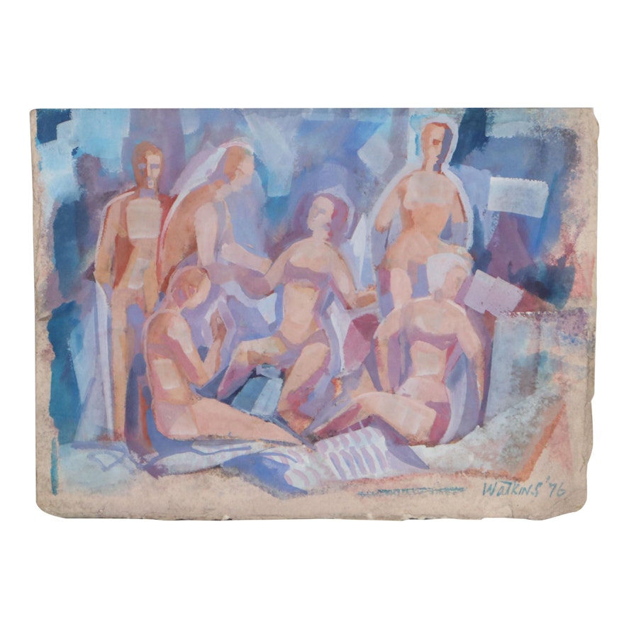 Figural Gouache Painting of Seated Nudes, 1976