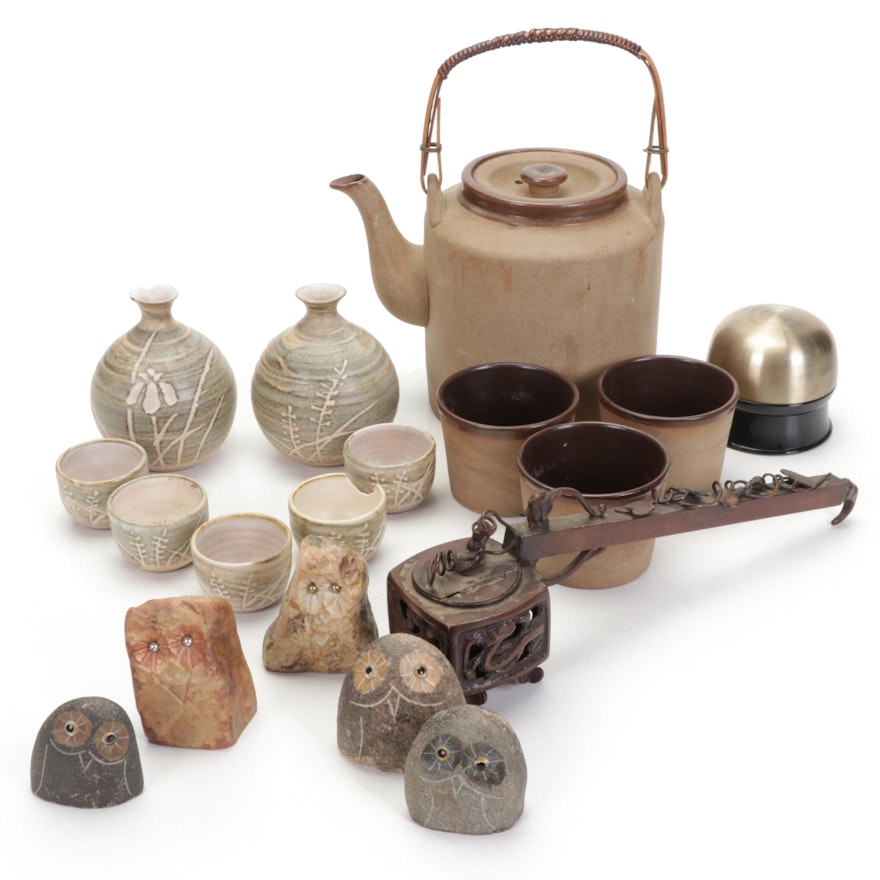 Sake Set, Tea Set, Censer, Brushed Brass Bowl, and Carved Stone Owl Figurines