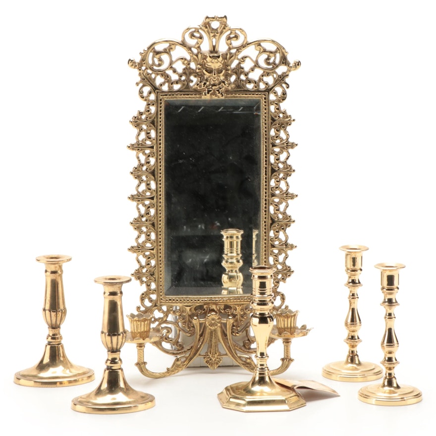 Baldwin and Other Brass Candlesticks with Baroque Style Mirrored Candle Sconce