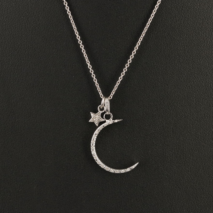Sterling Diamond Crescent Moon and Star Pendant Necklace