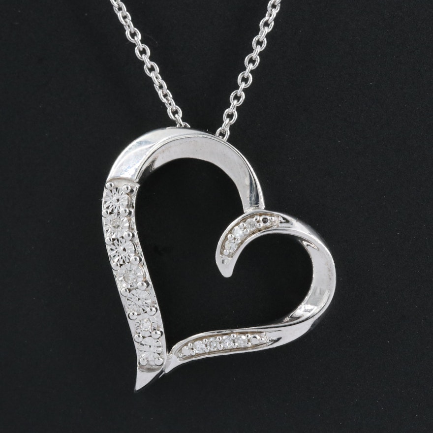 Sterling Diamond Heart Slide Pendant Necklace