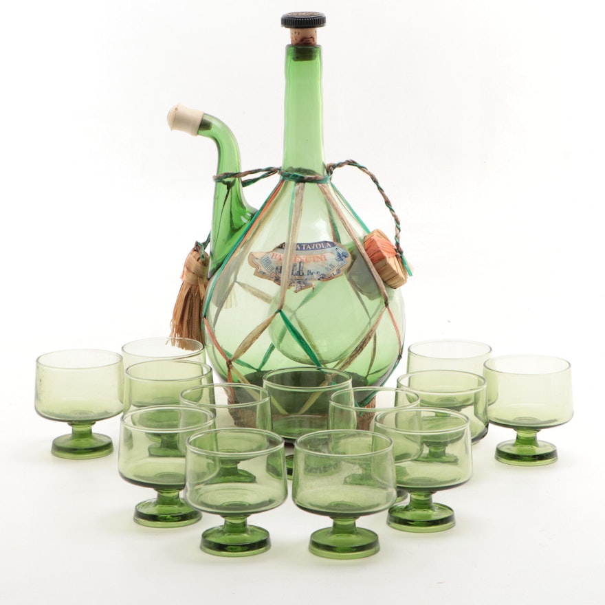 Mid Century Modern Style Green Glass Coupes and Wine Chianti Decanter