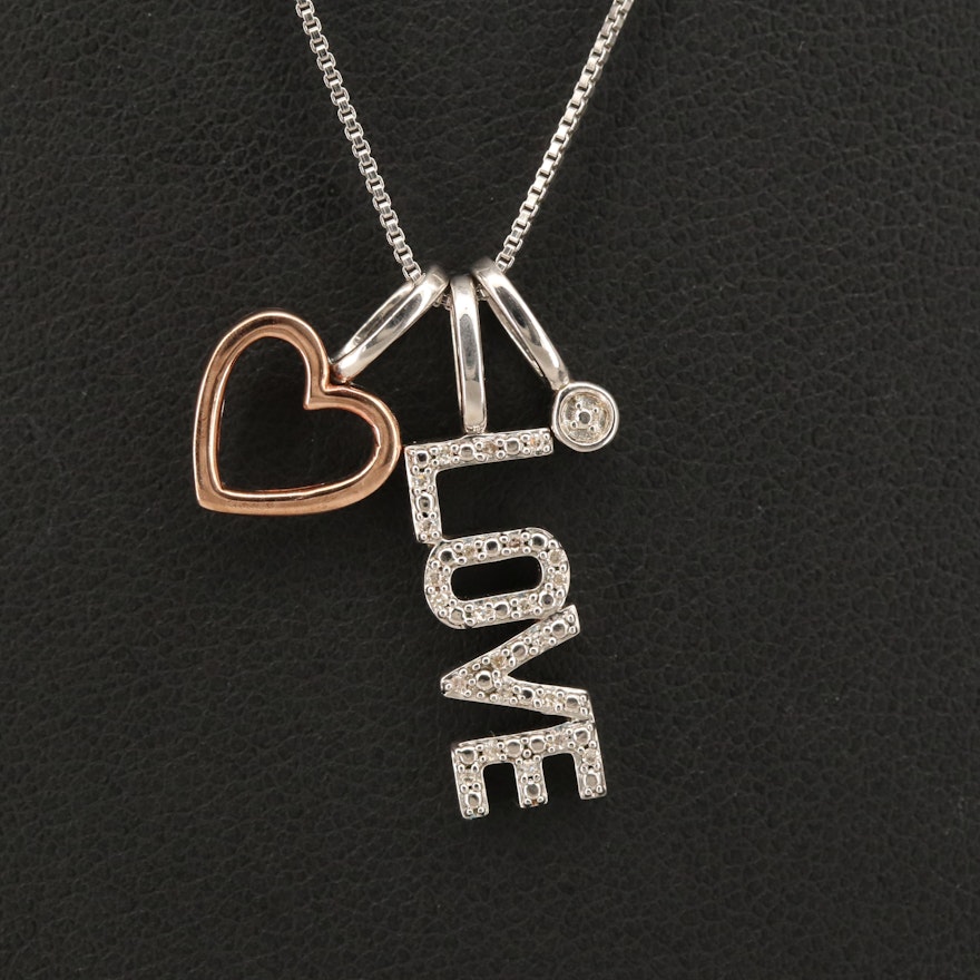 Sterling Diamond "Love" and Heart Charm Necklace with 10K Rose Gold Accent