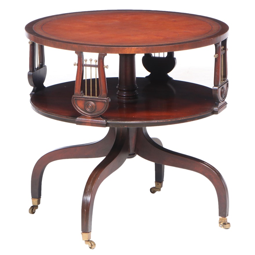 Federal Style Leather Top Two-Tier Lyre Table, Mid to Late 20th Century