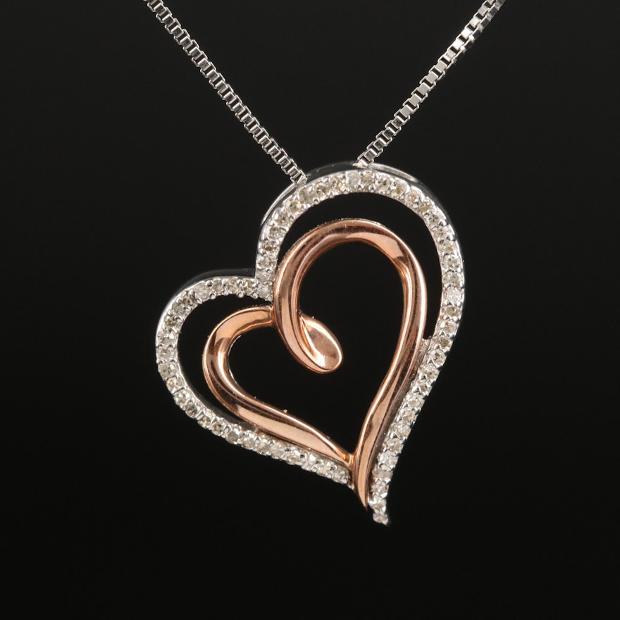 Sterling Diamond Double Heart Pendant Necklace with 10K Rose Gold Accent