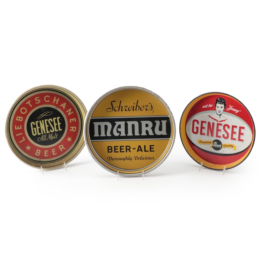 Genesee and Schreiber's Manru Tin Lithograph Beer Trays, Mid-20th Century