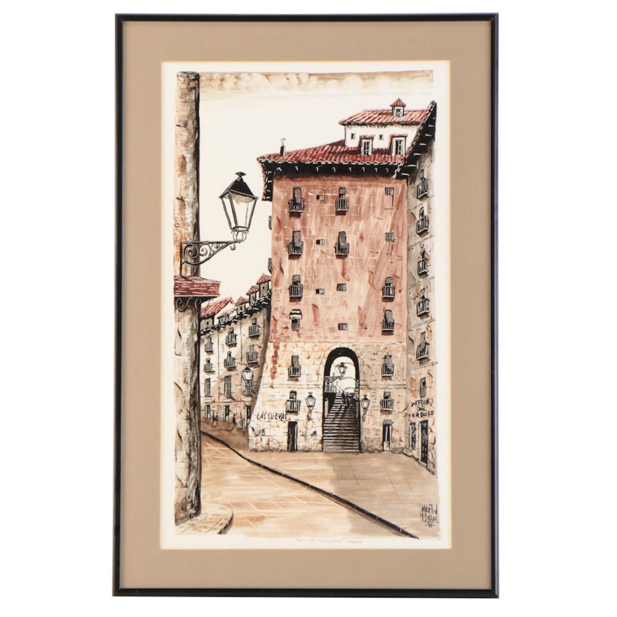 Martín Hidalgo Ink and Watercolor Painting "Arco de Cuchilleros"