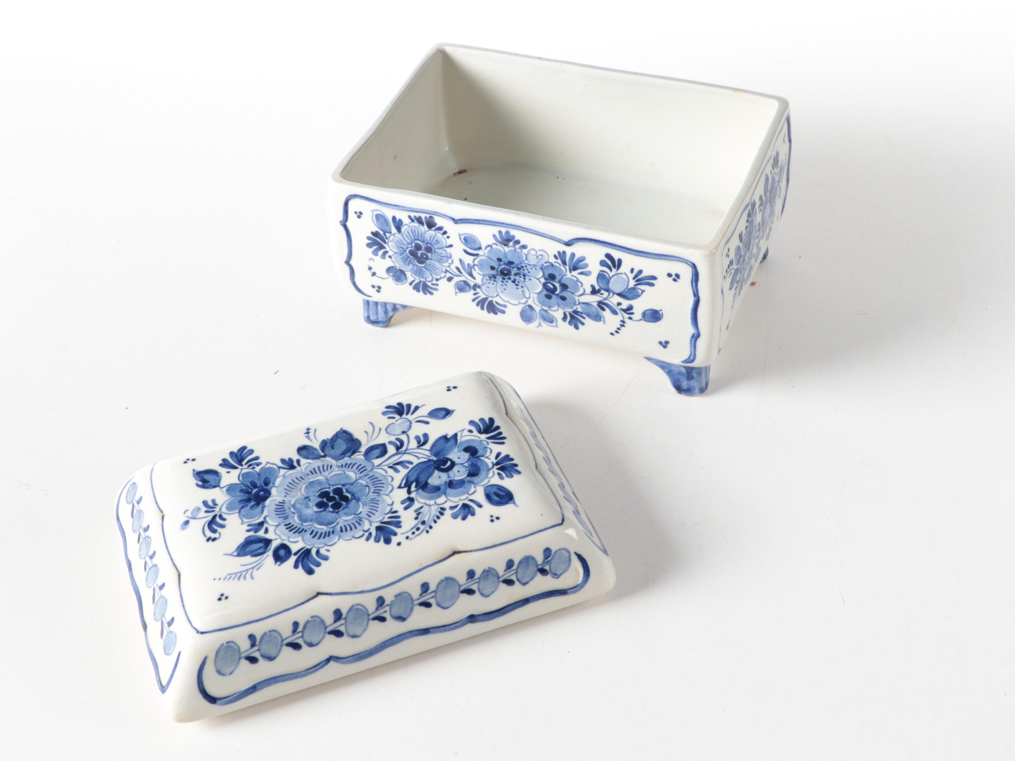 Delft Earthenware Box with Chinese Rice Serving Bowl and Porcelain Décor
