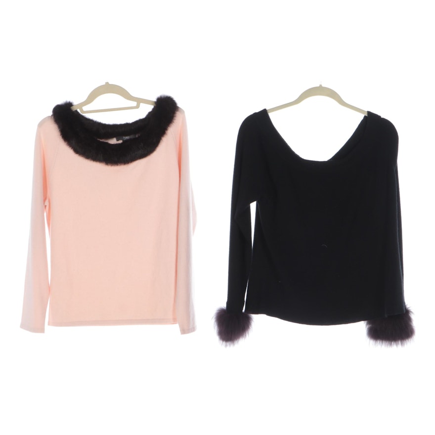 Fur-Trimmed Boat Neck Sweaters by Carmen Marc Valvo and Folio