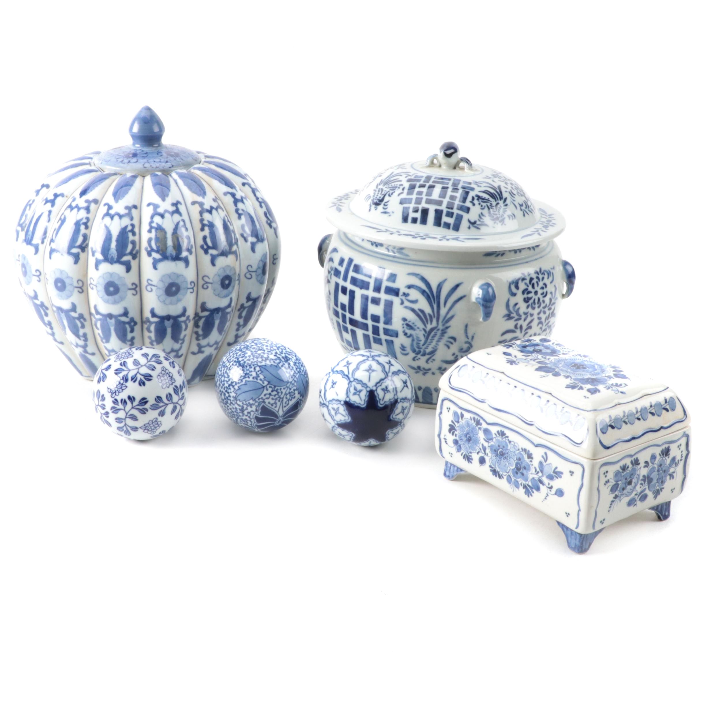 Delft Earthenware Box with Chinese Rice Serving Bowl and Porcelain Décor