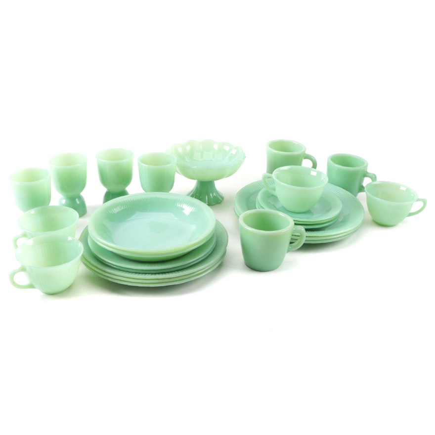 Anchor Hocking Jadeite Fire King with Other Glass Dinnerware, Mid-20th Century