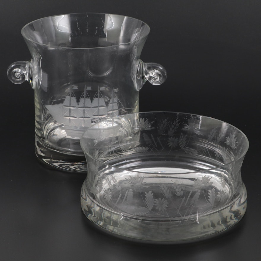 Etched Crystal Ice Bucket and Centerpiece Bowl