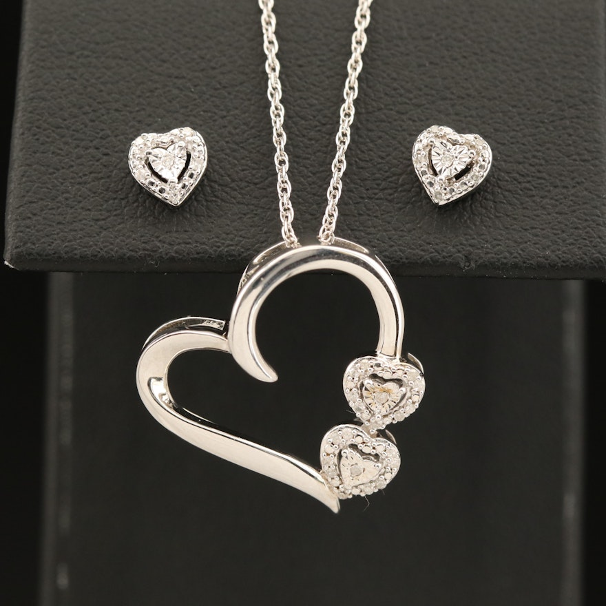 Sterling Diamond Hearts Necklace and Stud Earrings