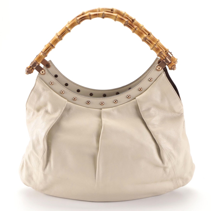 Gucci Bamboo Handle Tote in Studded Ivory Leather