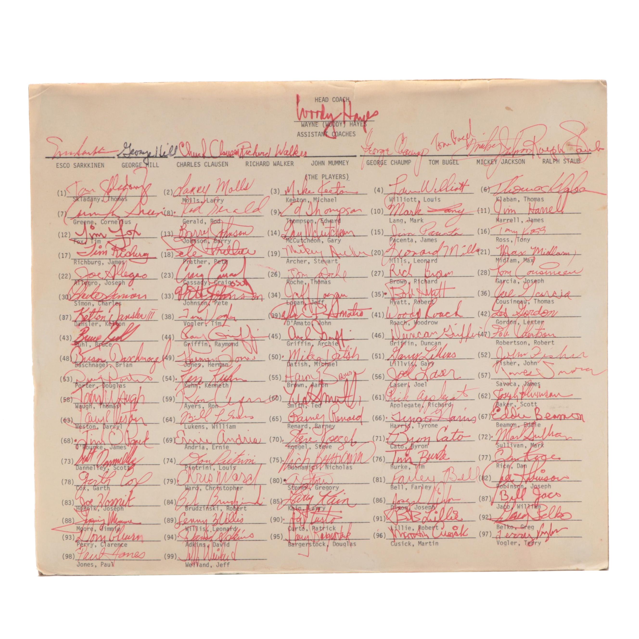 1975 Ohio State Buckeyes Football Signed Team Roster with Hayes, Griffin