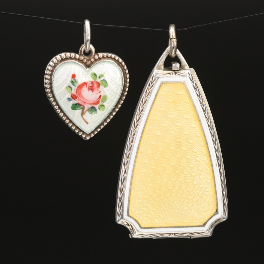 Art Deco Sterling Guilloché Enamel Locket and Floral Pendants