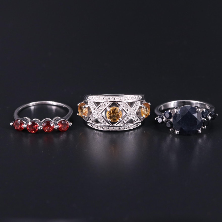 Sterling Silver Ring Collection Including Citrine and Sapphire