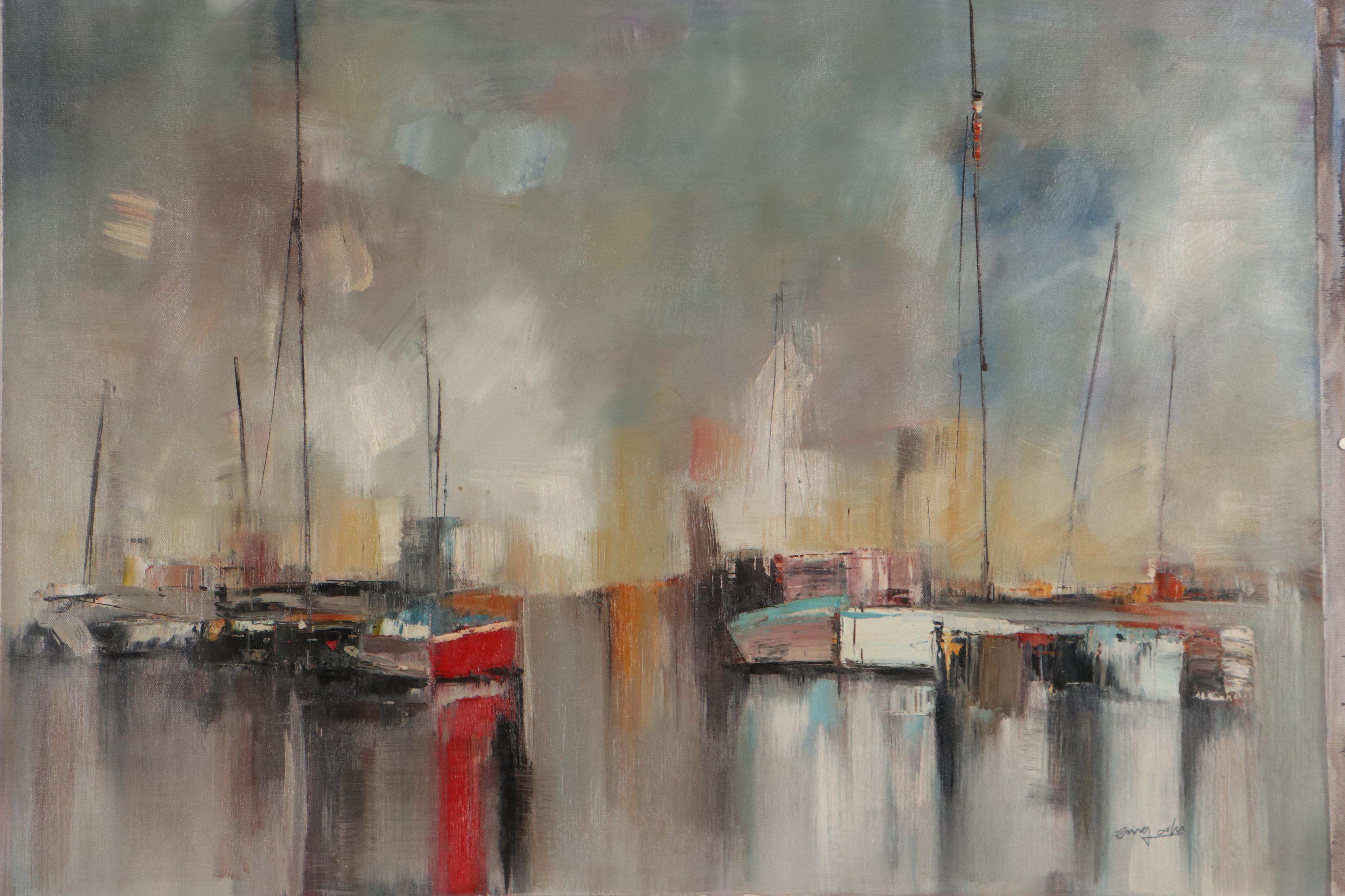 Abstract Harbor Scene Oil Painting, 21st Century