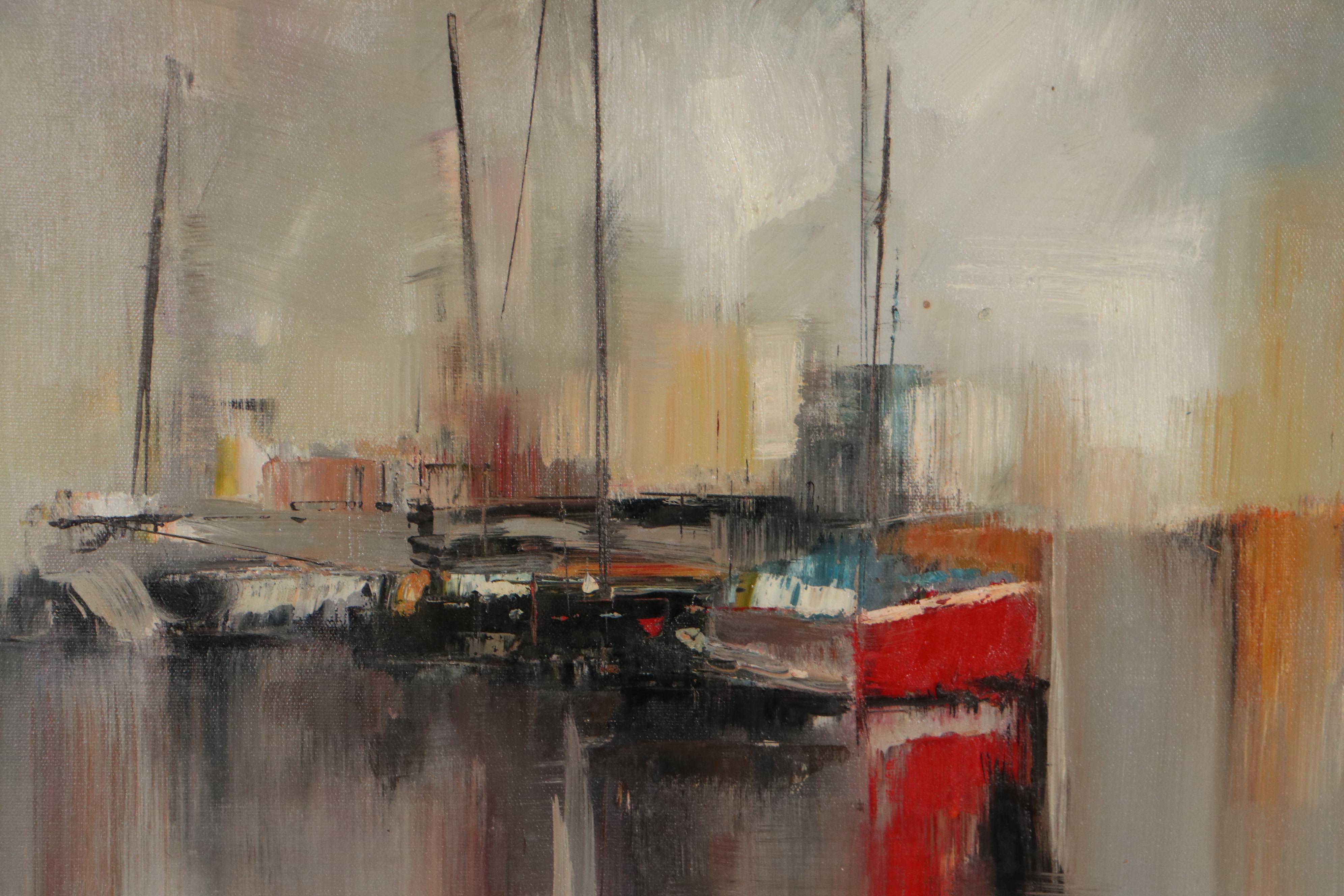 Abstract Harbor Scene Oil Painting, 21st Century