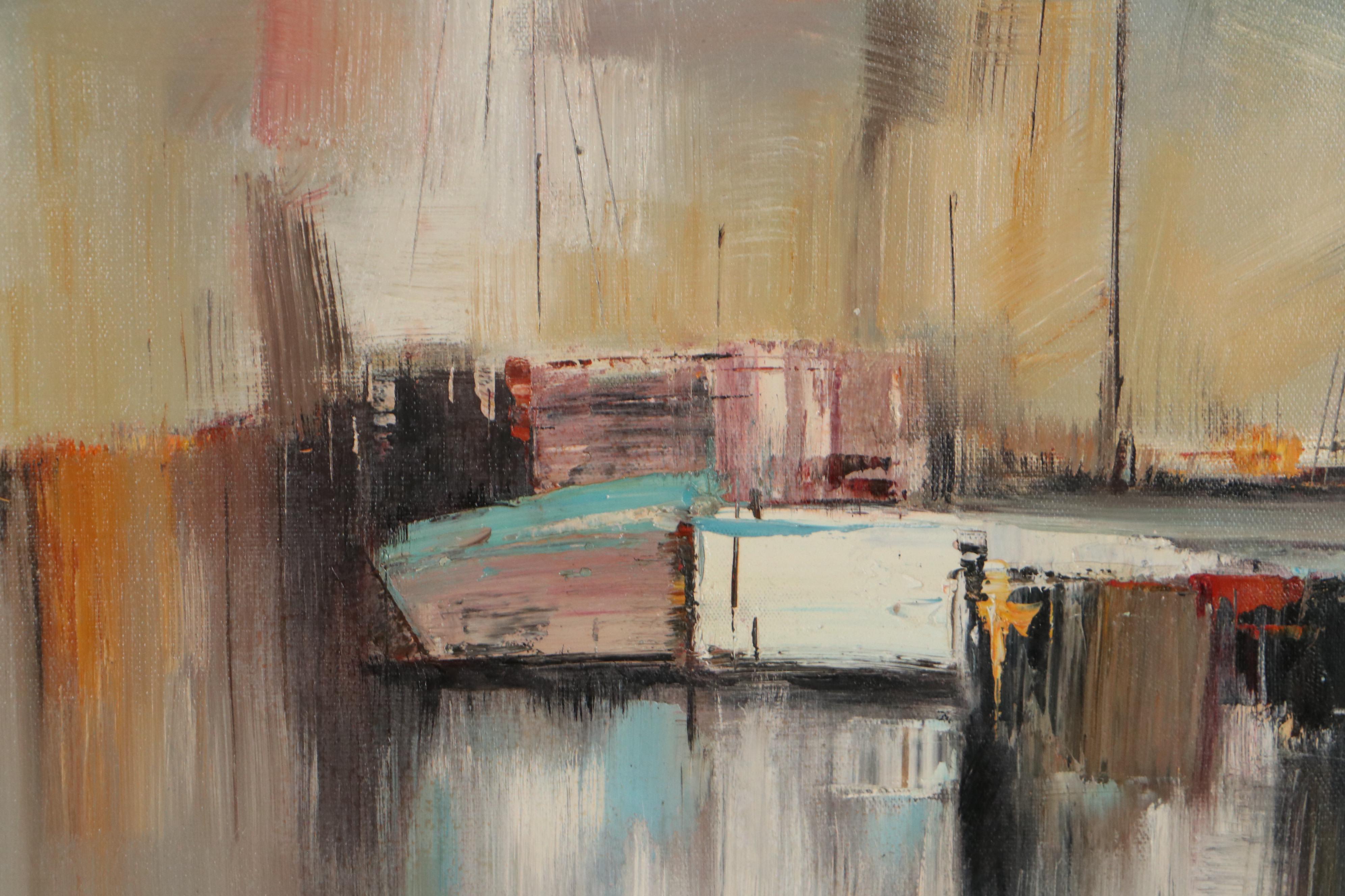 Abstract Harbor Scene Oil Painting, 21st Century