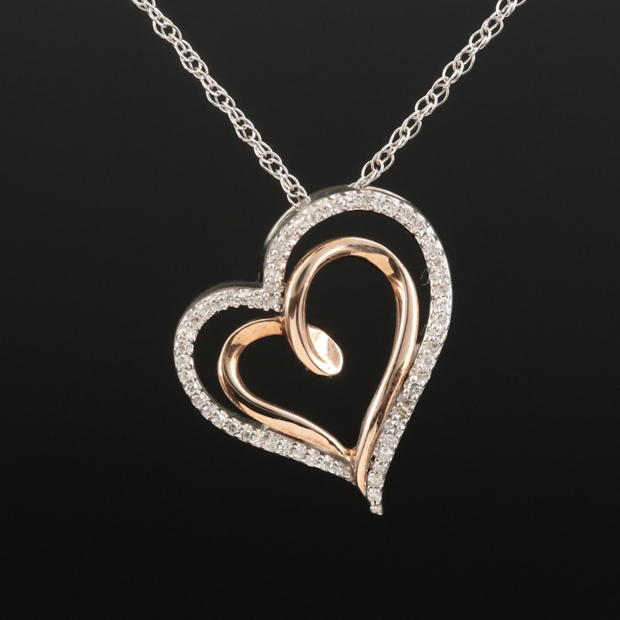 Sterling Diamond Heart Necklace with 10K Rose Gold Accent